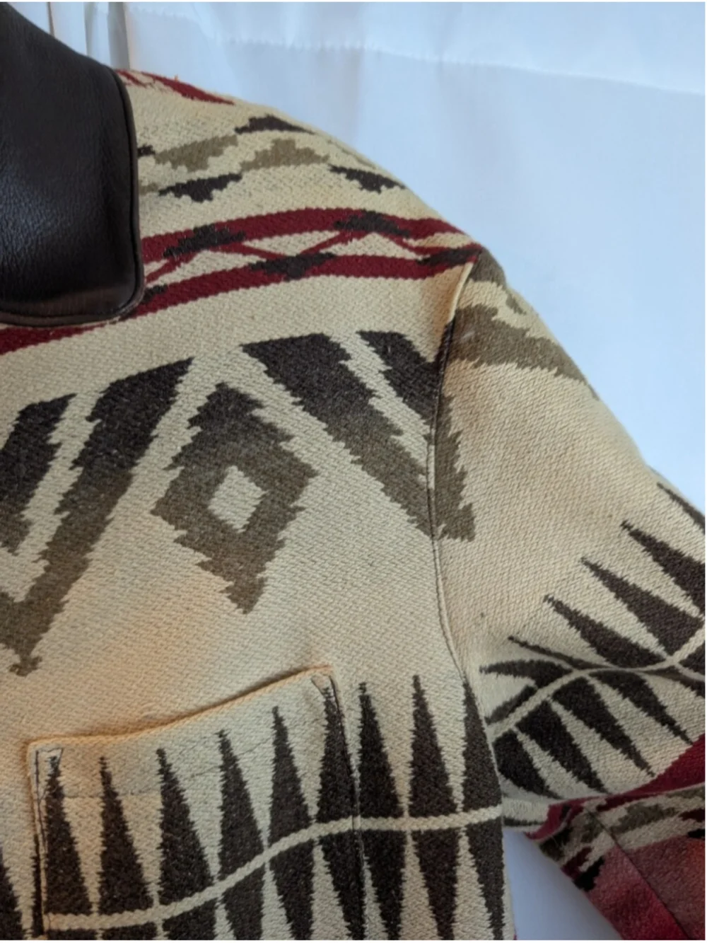 Vintage Roots Canada Navajo Blanket Chore Jacket Leather Collar Aztec Wool Blend